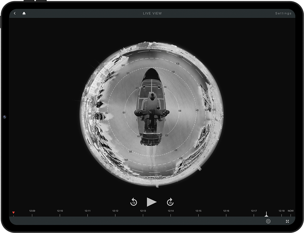 Panoblu RAD range rings overlaid on the live 360° thermal view, shown on an iPad