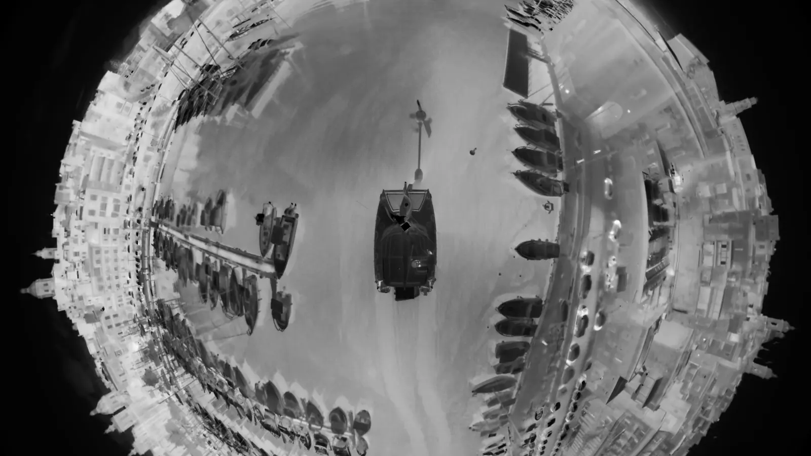 Thermal 360 degree frame of a yacht berthed in Grand Harbour, every waterside berth in one picture