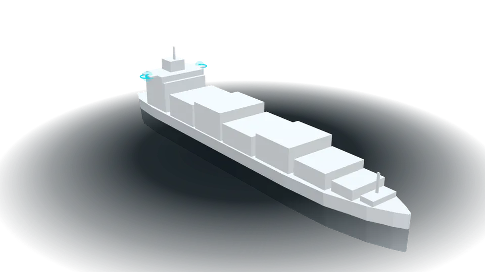 Rendered 3D model of a 210 metre container ship, with a Panoblu unit marked under each bridge wing