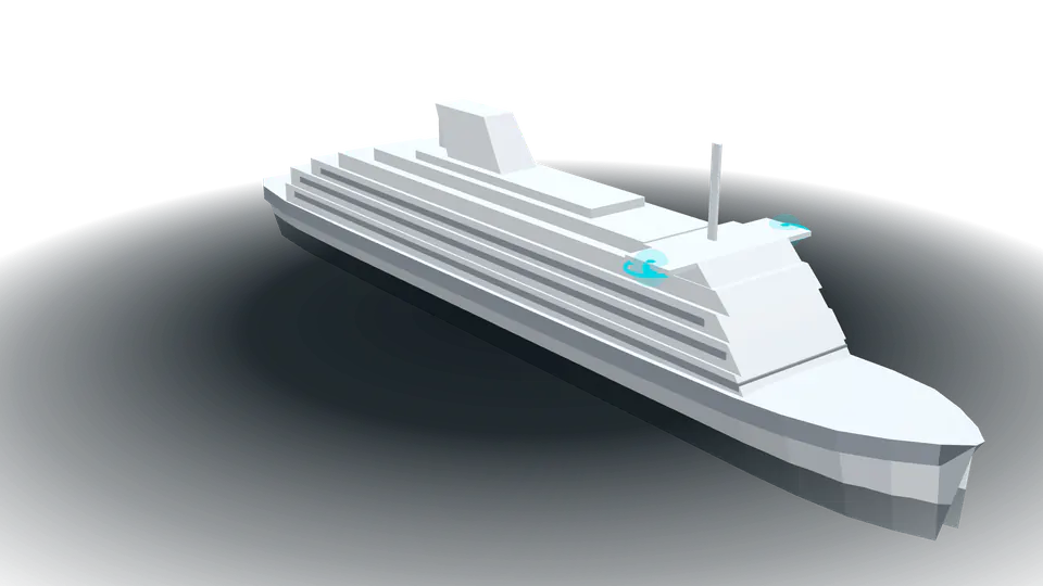 Rendered 3D model of a 180 metre cruise ship, with a Panoblu unit marked under each bridge wing