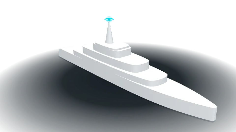 Rendered 3D model of an 80 metre motor yacht, with the Panoblu unit marked at the masthead