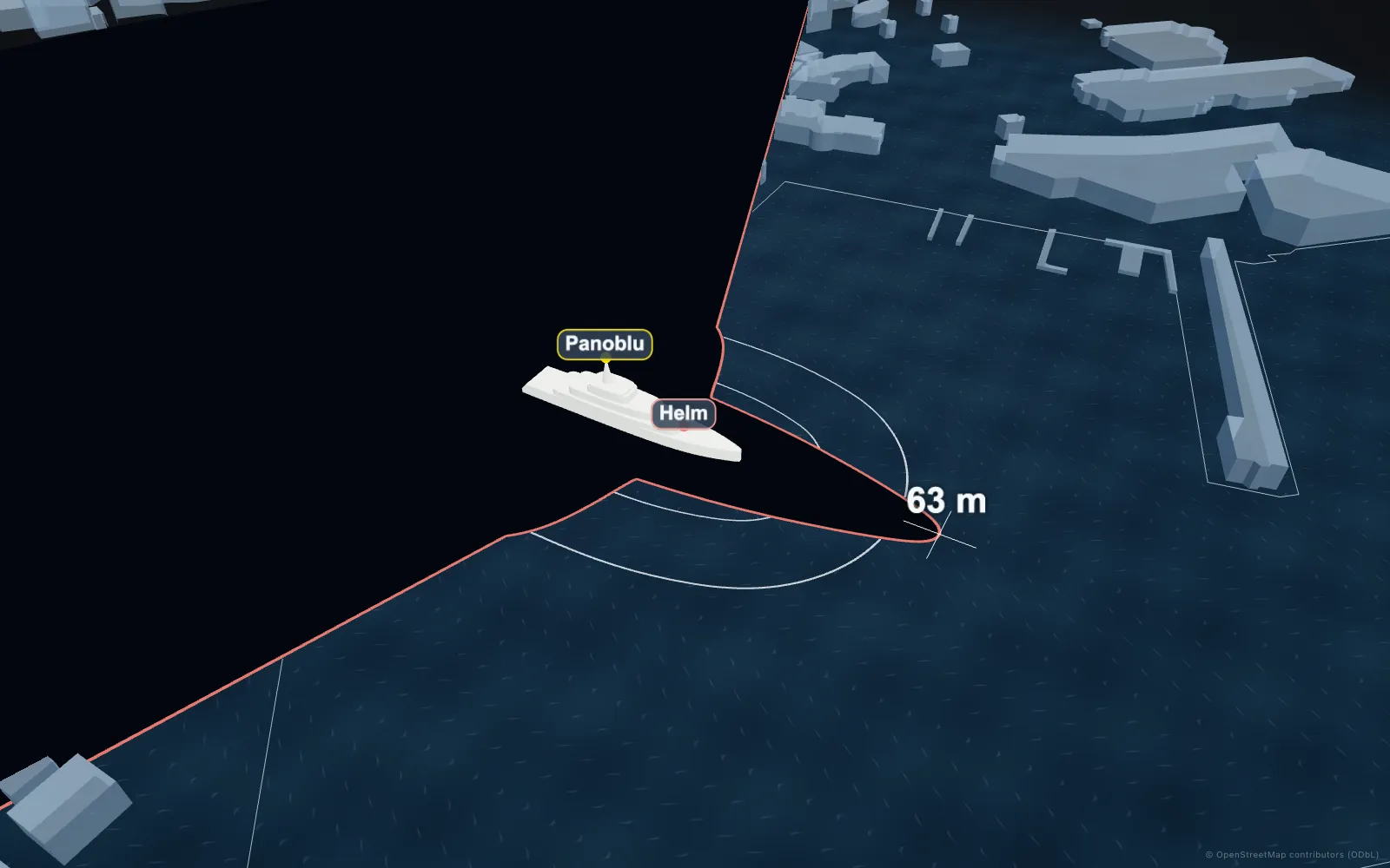 Overhead 3D view of a superyacht in Port Hercule, Monaco. A black zone edged in red covers the water and the quays hidden from the bridge without Panoblu, reaching all the way out astern and to both sides, with a lobe extending past the bow labelled 63 metres. The sector ahead of the vessel stays clear, with white distance rings and the harbour visible in it. Yellow and red markers name the Panoblu unit at the masthead and the helm.